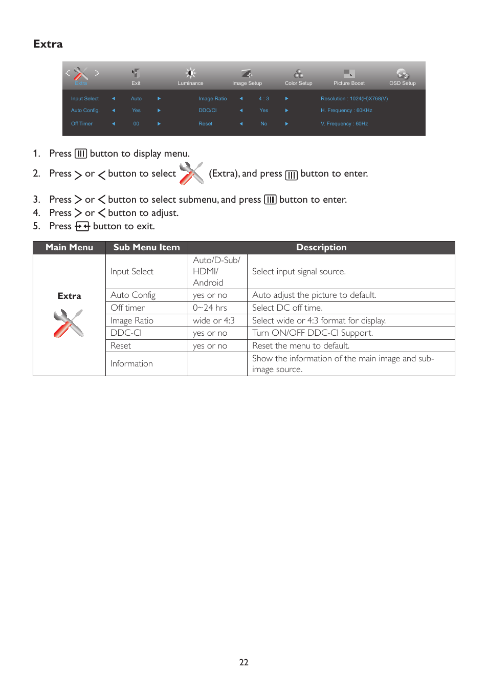 Extra | AOC A2472PWH User Manual | Page 22 / 67