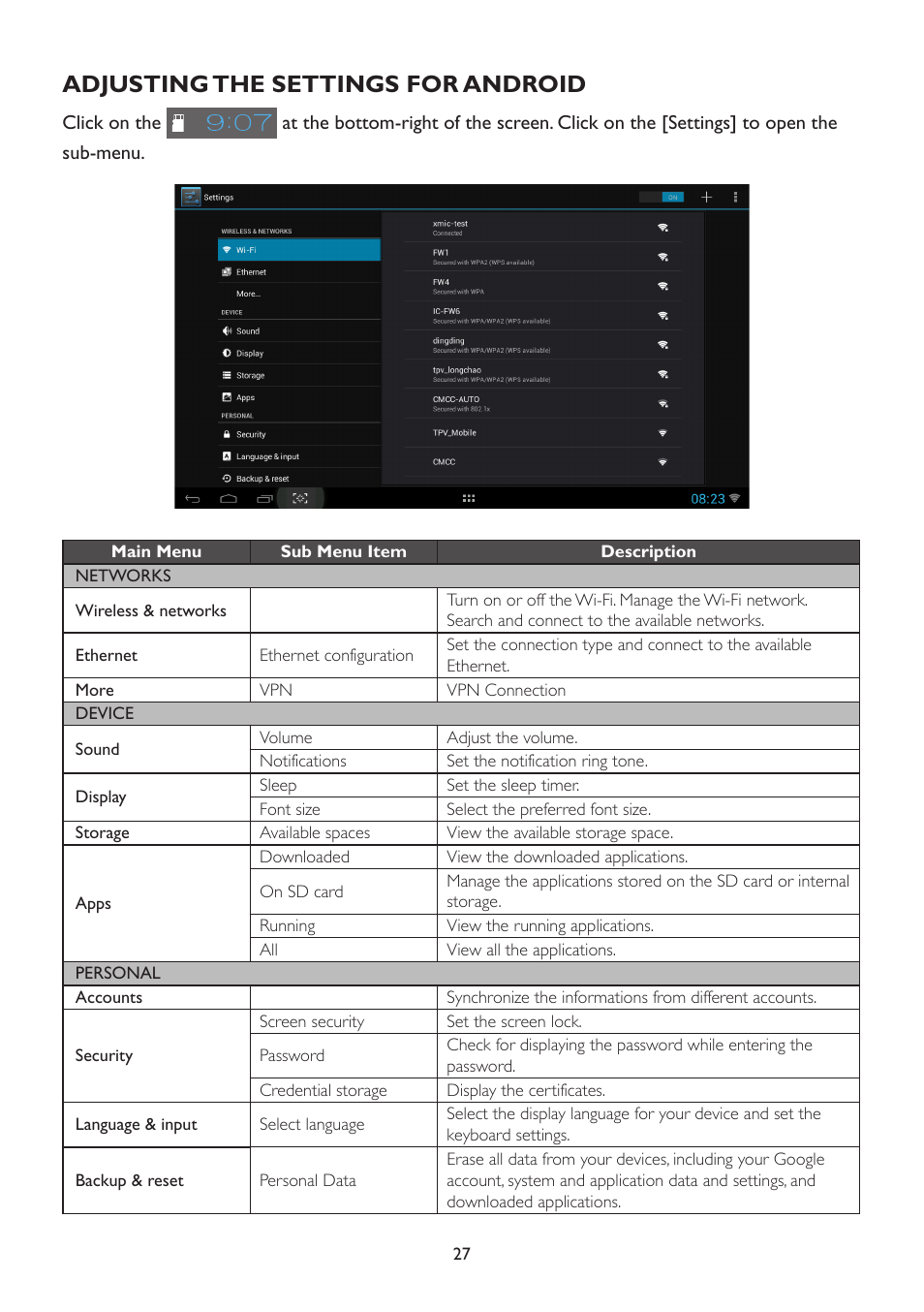 Adjusting the settings for android | AOC A2472PWH User Manual | Page 27 / 67