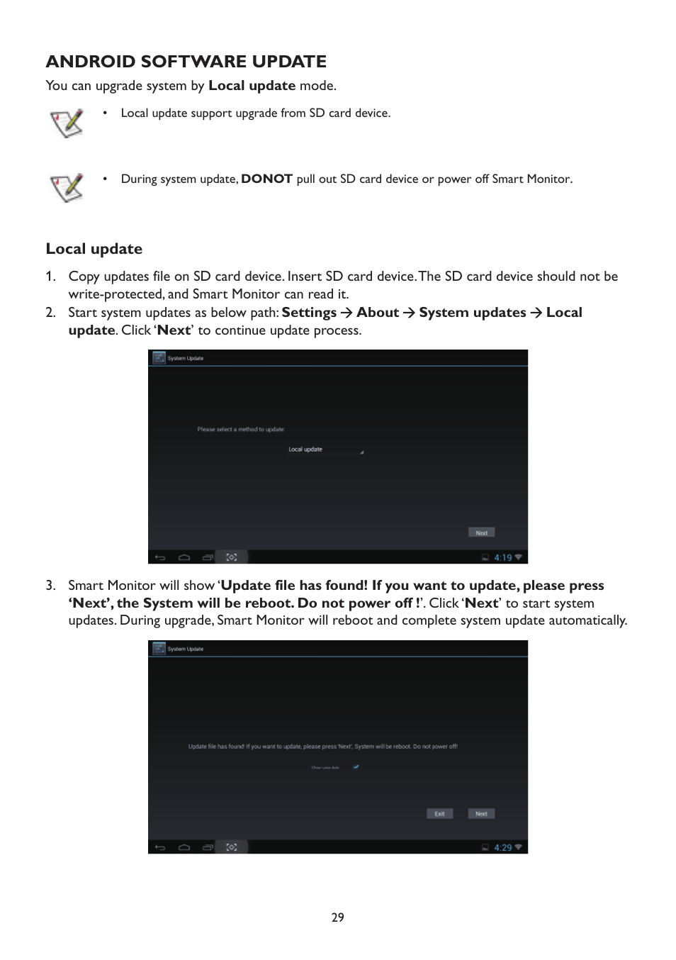 Android software update, Local update | AOC A2472PWH User Manual | Page 29 / 67