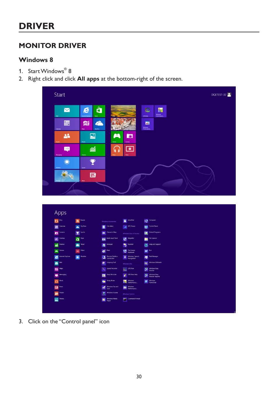 Driver, Monitor driver, Windows 8 | AOC A2472PWH User Manual | Page 30 / 67