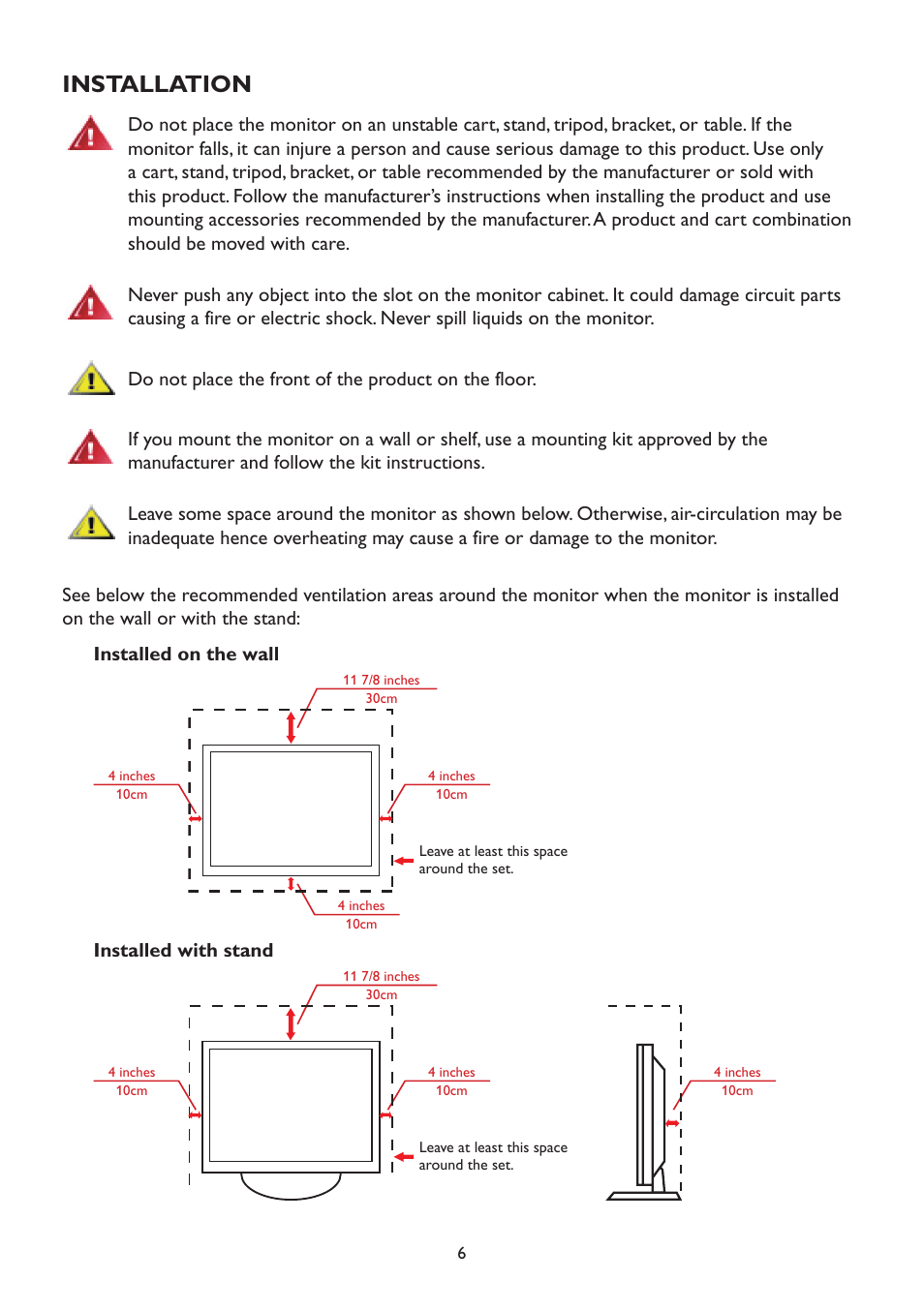 Installation, Installed with stand | AOC A2472PWH User Manual | Page 6 / 67