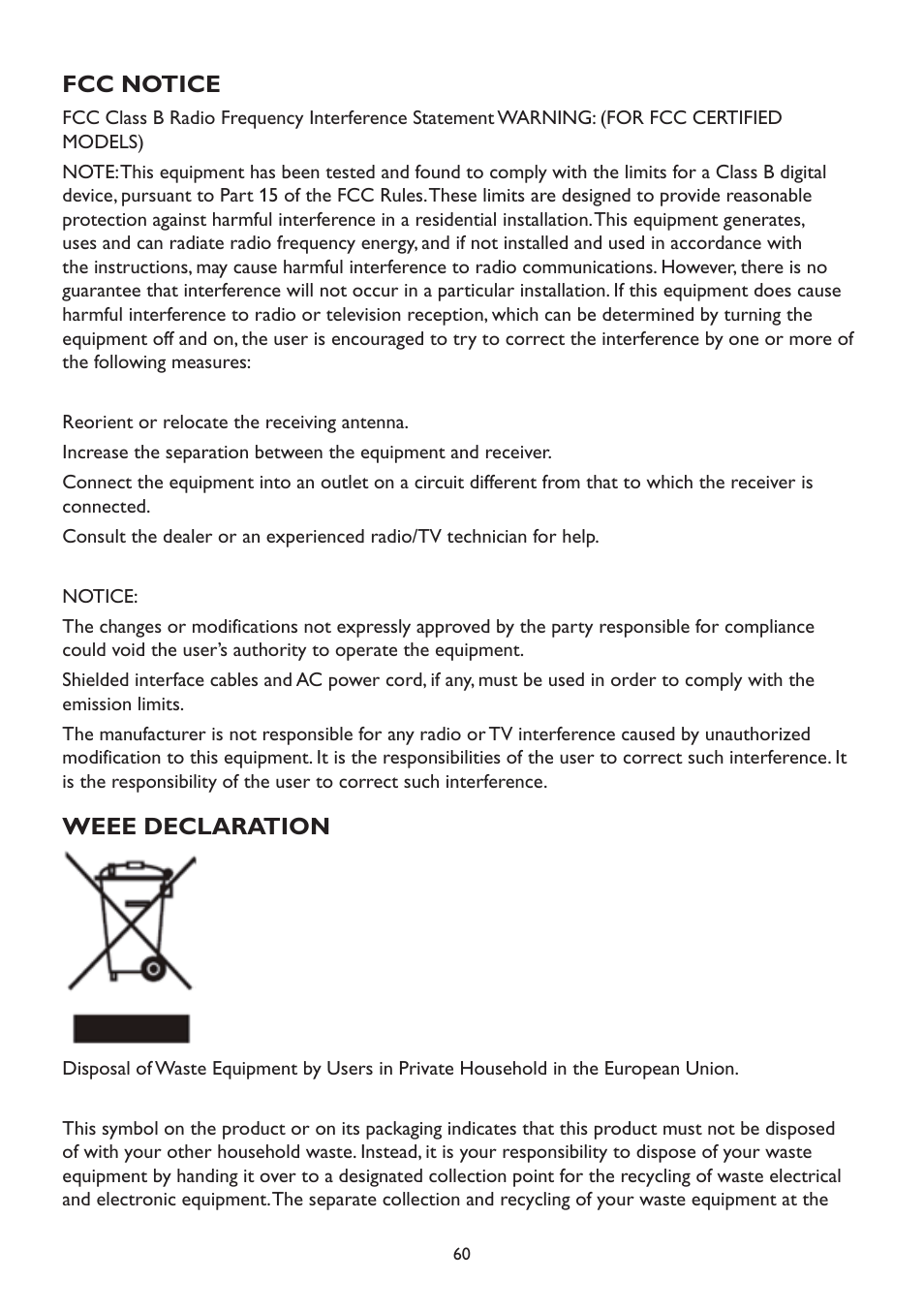 Fcc notice, Weee declaration, Fcc notice weee declaration | AOC A2472PWH User Manual | Page 60 / 67