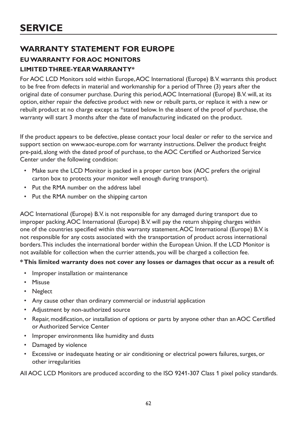 Service, Warranty statement for europe | AOC A2472PWH User Manual | Page 62 / 67