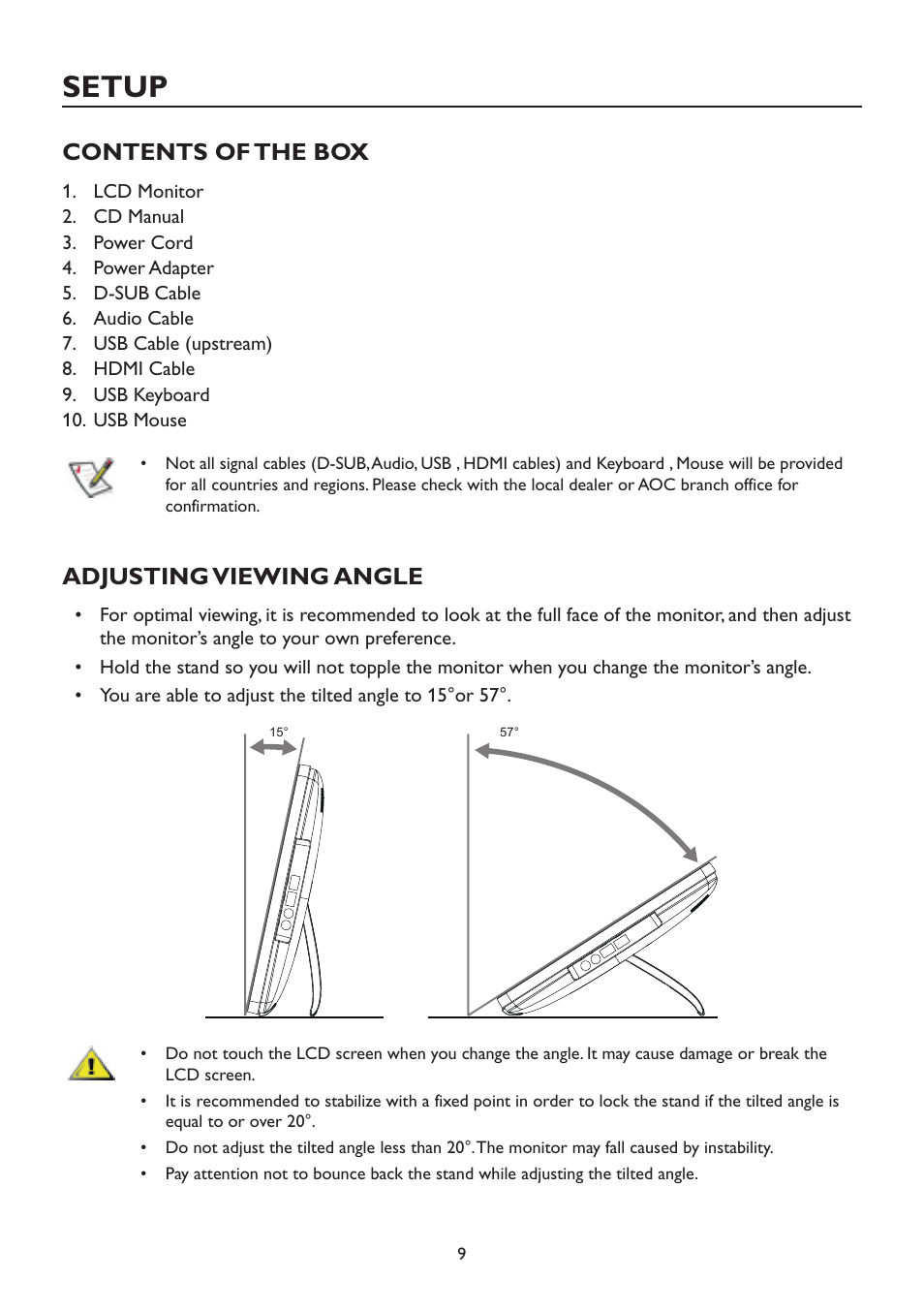 Setup, Contents of the box, Adjusting viewing angle | Contents of the box adjusting viewing angle | AOC A2472PWH User Manual | Page 9 / 67