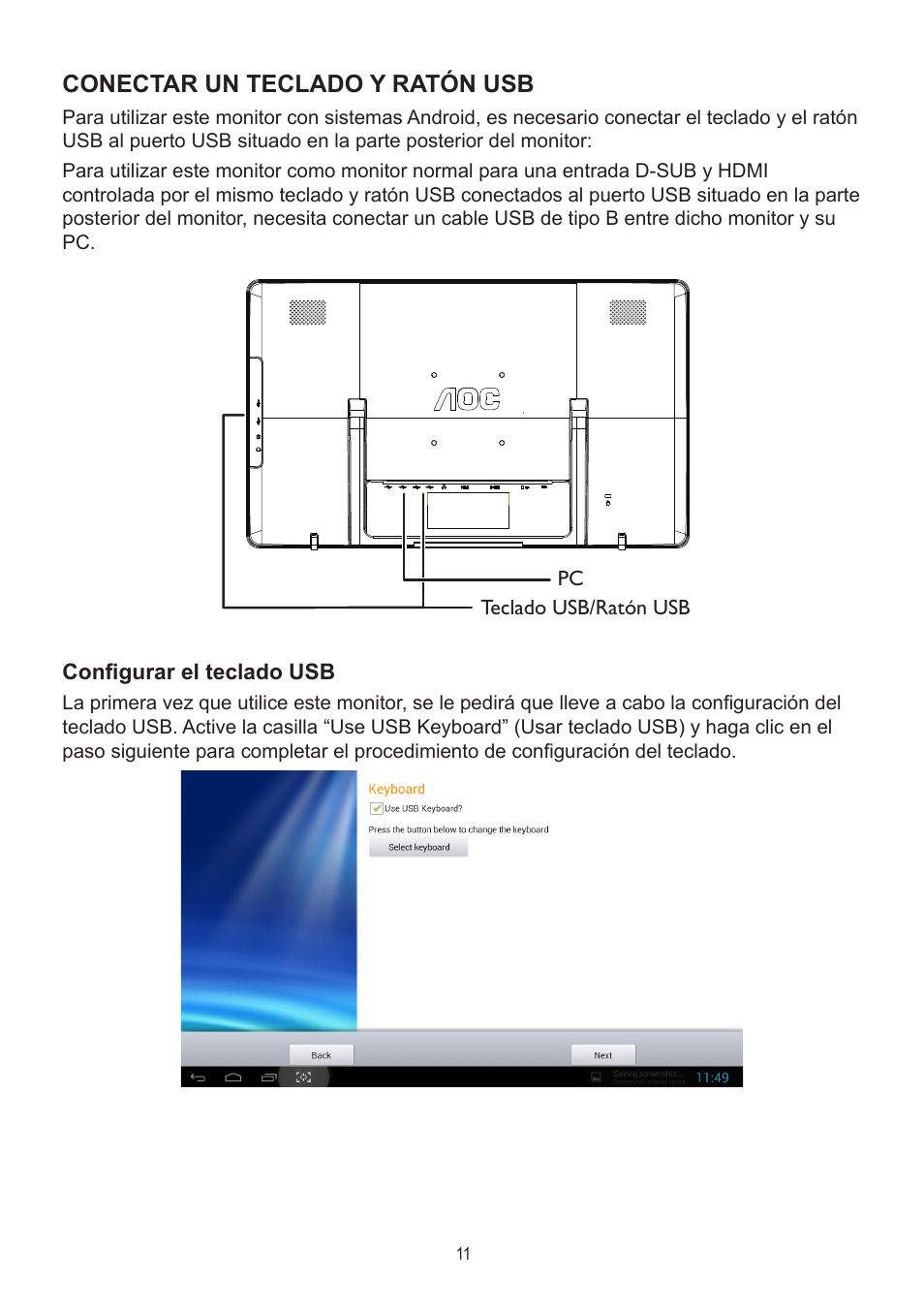 Conectar un teclado y ratón usb, Configurar el teclado usb | AOC A2472PWH User Manual | Page 11 / 68