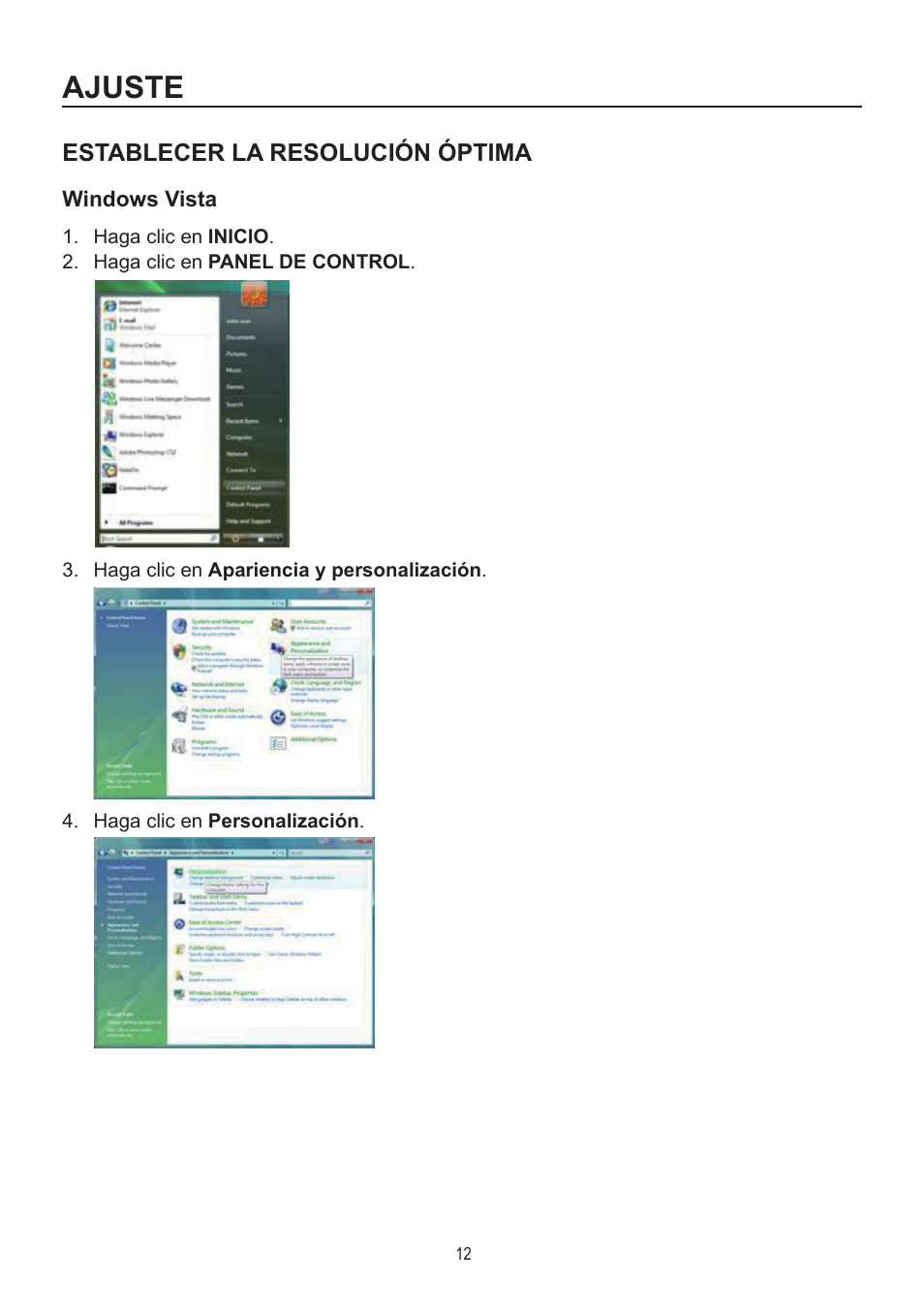 Ajuste, Establecer la resolución óptima, Windows vista | AOC A2472PWH User Manual | Page 12 / 68