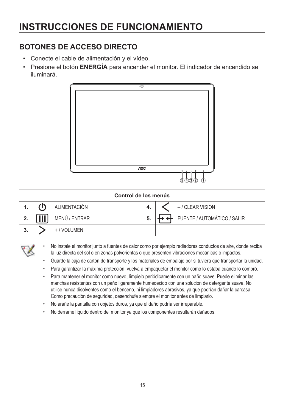 Instrucciones de funcionamiento, Botones de acceso directo | AOC A2472PWH User Manual | Page 15 / 68