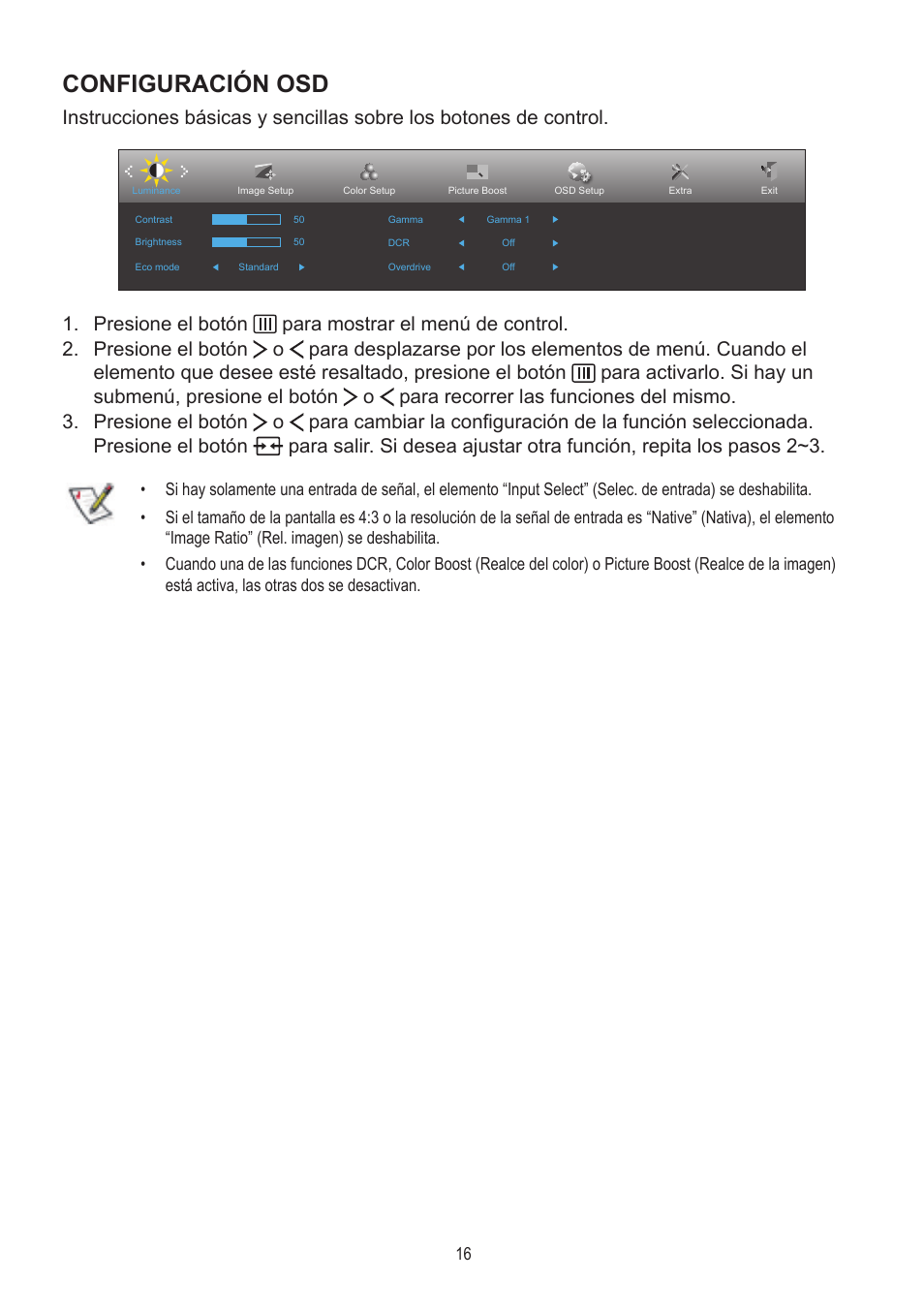 Configuración osd | AOC A2472PWH User Manual | Page 16 / 68