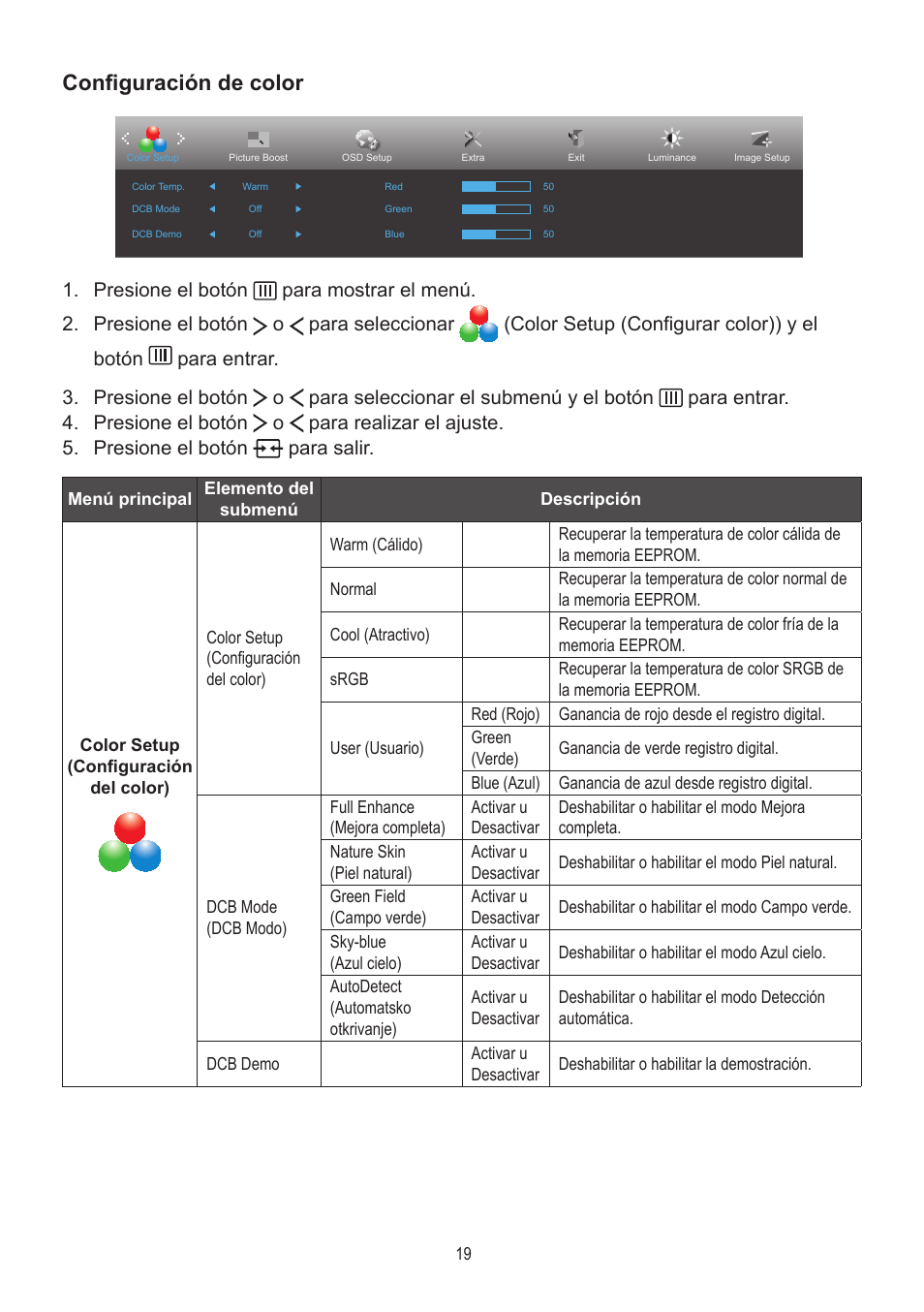 Configuración de color | AOC A2472PWH User Manual | Page 19 / 68