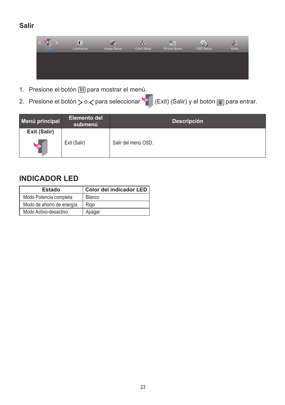 Salir, Indicador led | AOC A2472PWH User Manual | Page 23 / 68