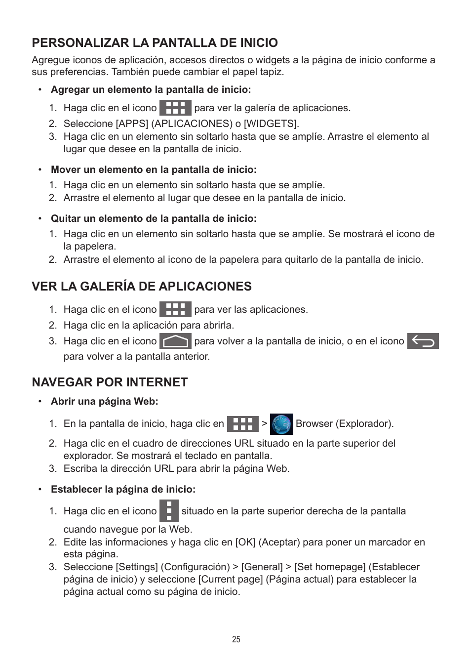 Personalizar la pantalla de inicio, Ver la galería de aplicaciones, Navegar por internet | AOC A2472PWH User Manual | Page 25 / 68