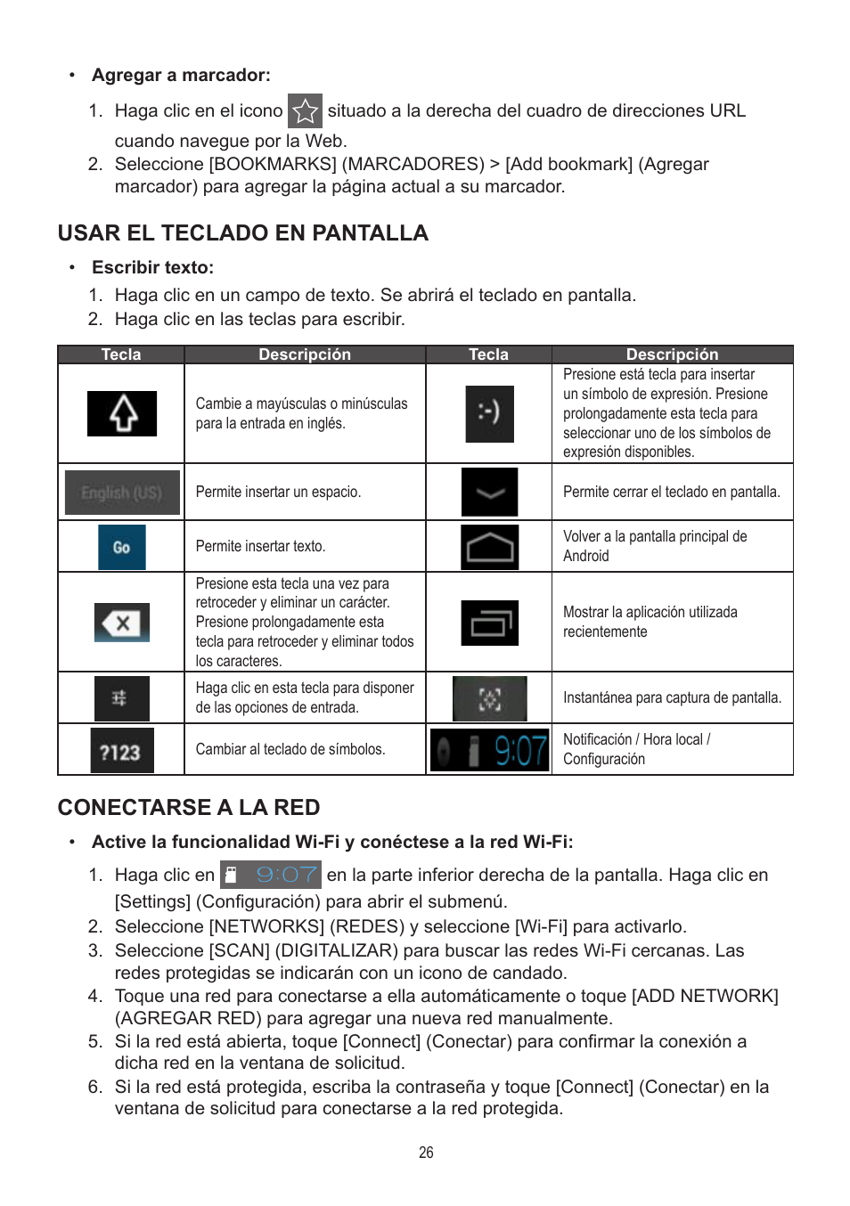 Usar el teclado en pantalla, Conectarse a la red | AOC A2472PWH User Manual | Page 26 / 68