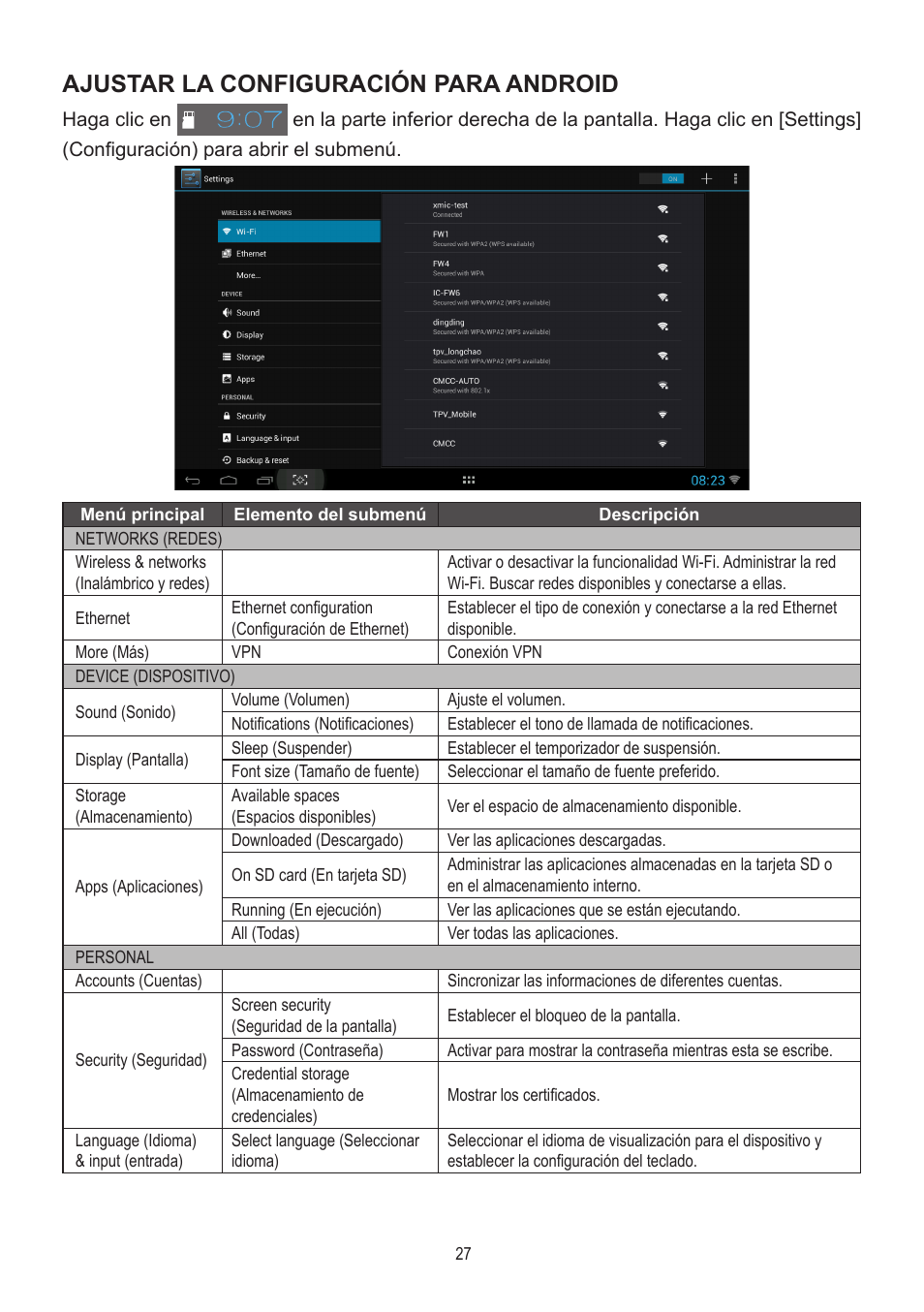 Ajustar la configuración para android | AOC A2472PWH User Manual | Page 27 / 68