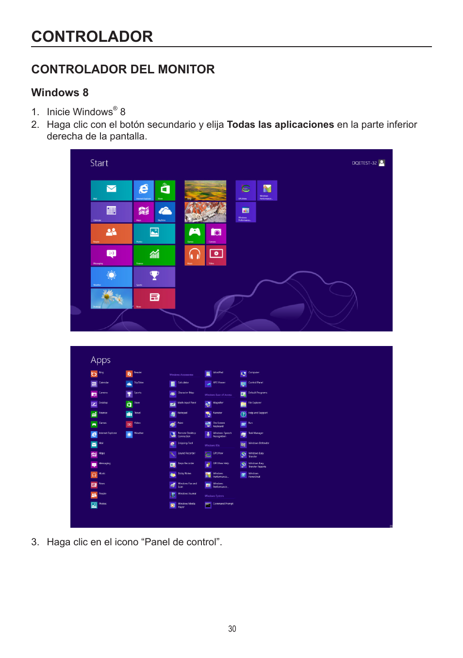 Controlador, Controlador del monitor, Windows 8 | AOC A2472PWH User Manual | Page 30 / 68