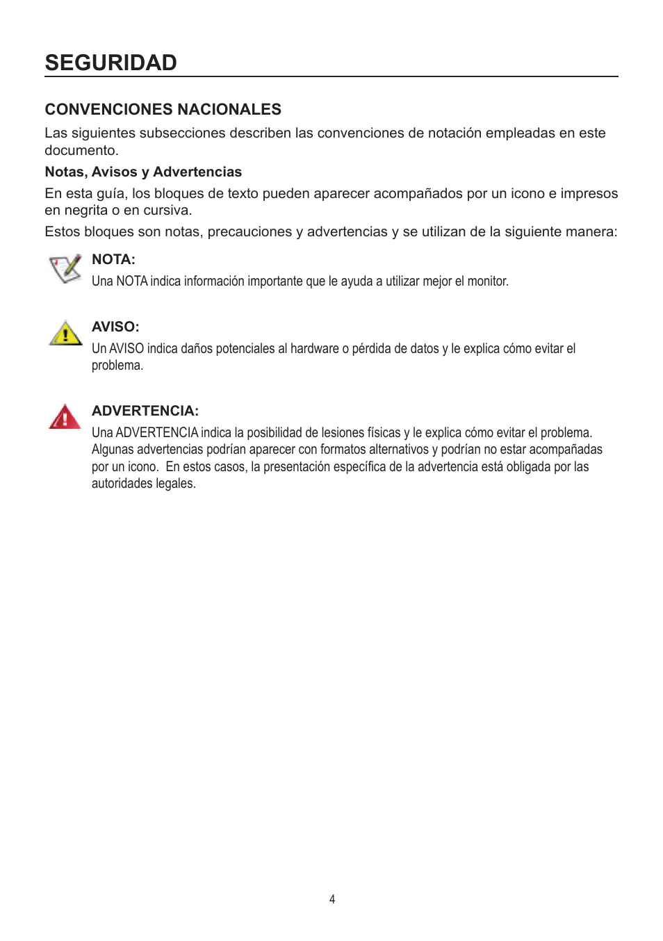 Seguridad, Convenciones nacionales | AOC A2472PWH User Manual | Page 4 / 68