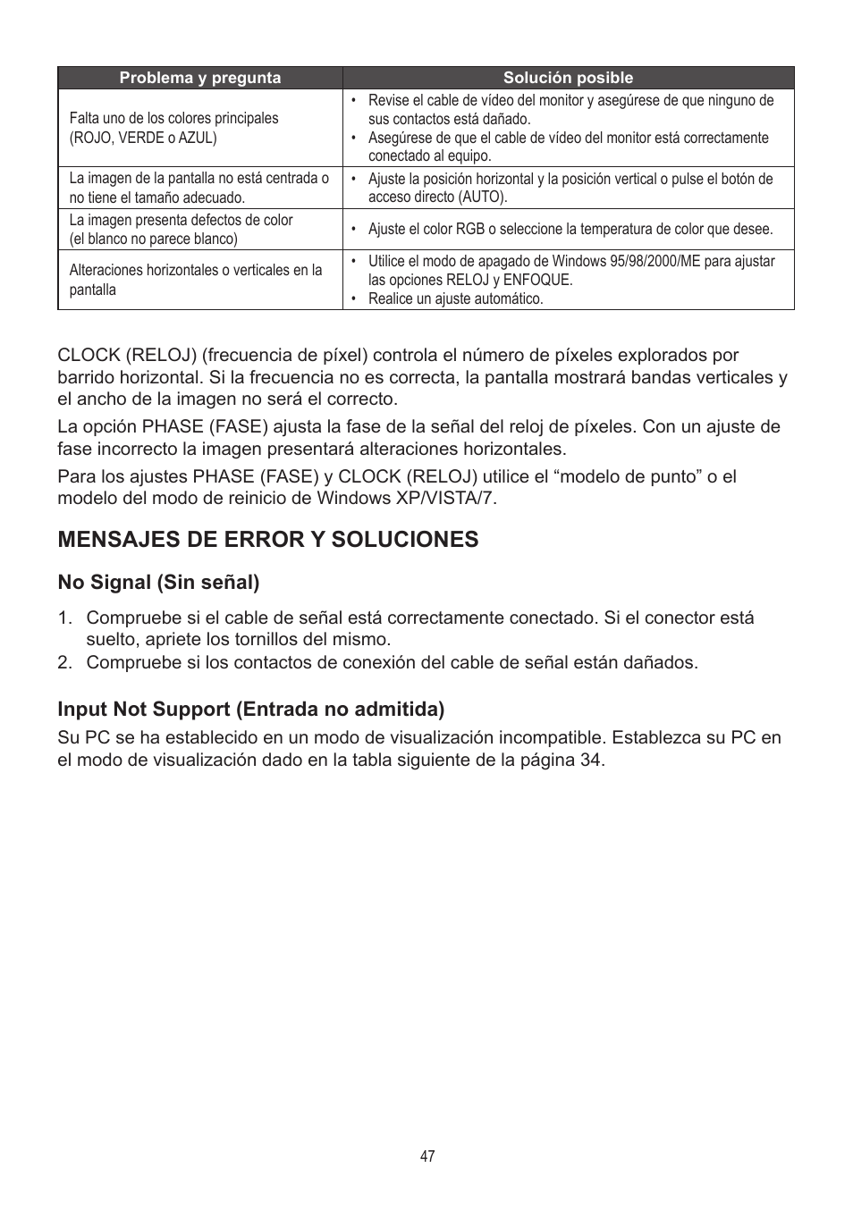 Mensajes de error y soluciones, No signal (sin señal), Input not support (entrada no admitida) | AOC A2472PWH User Manual | Page 47 / 68