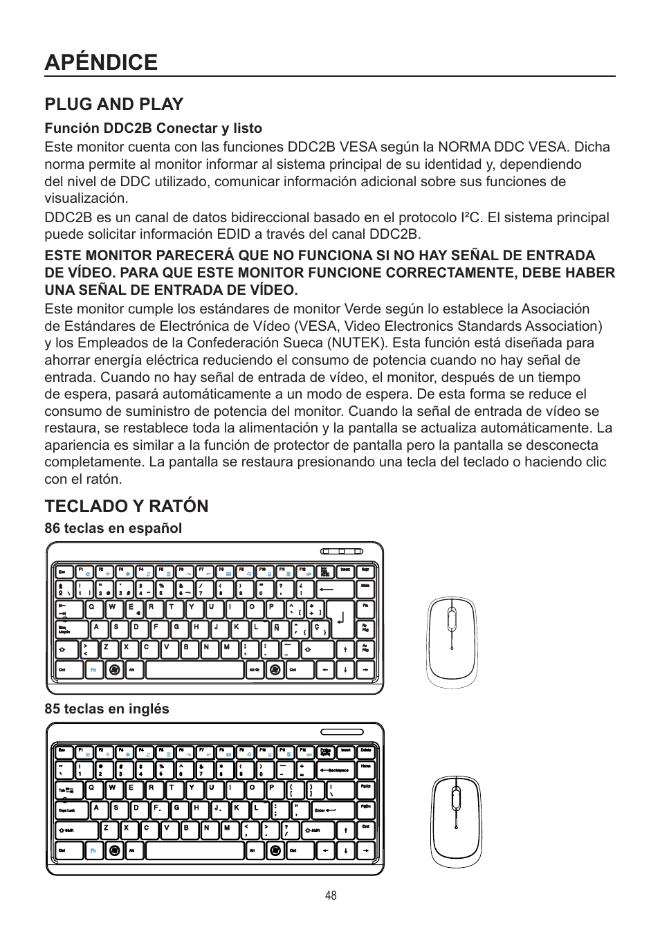 Apéndice, Plug and play, Teclado y ratón | AOC A2472PWH User Manual | Page 48 / 68