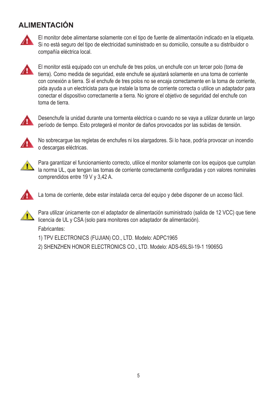 Alimentación | AOC A2472PWH User Manual | Page 5 / 68