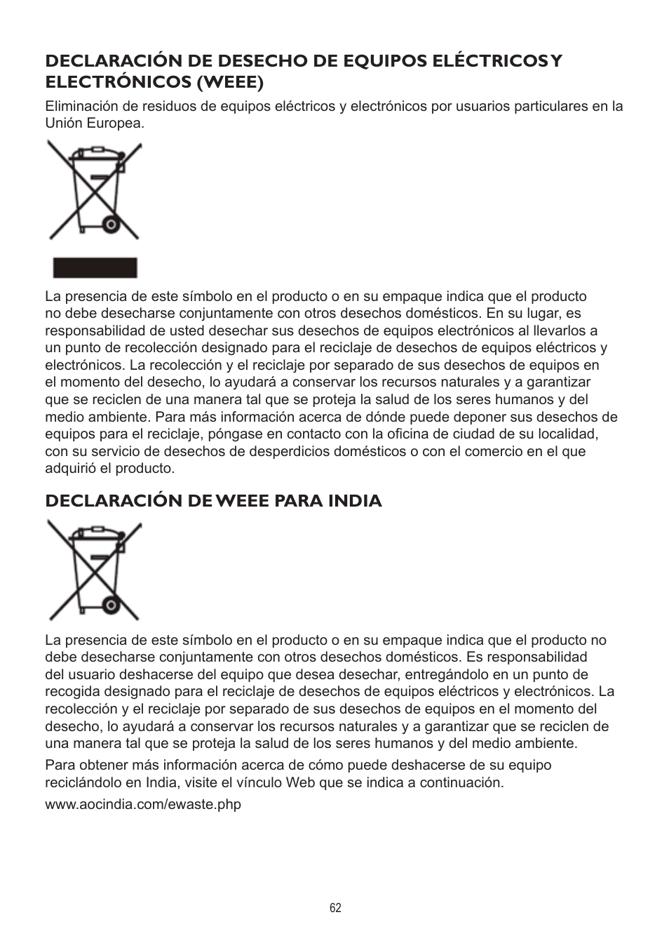 Declaración de weee para india | AOC A2472PWH User Manual | Page 62 / 68