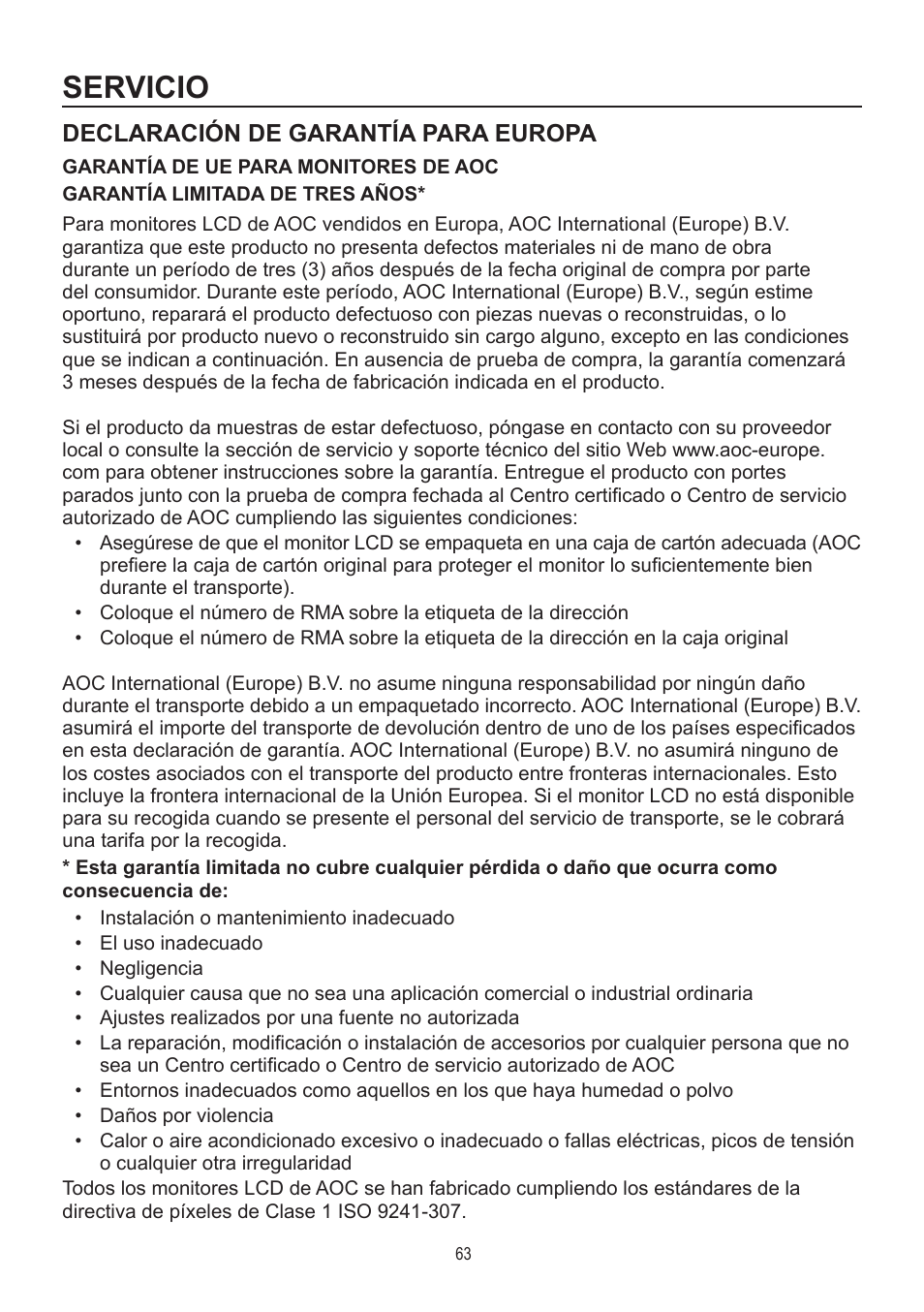 Servicio, Declaración de garantía para europa | AOC A2472PWH User Manual | Page 63 / 68