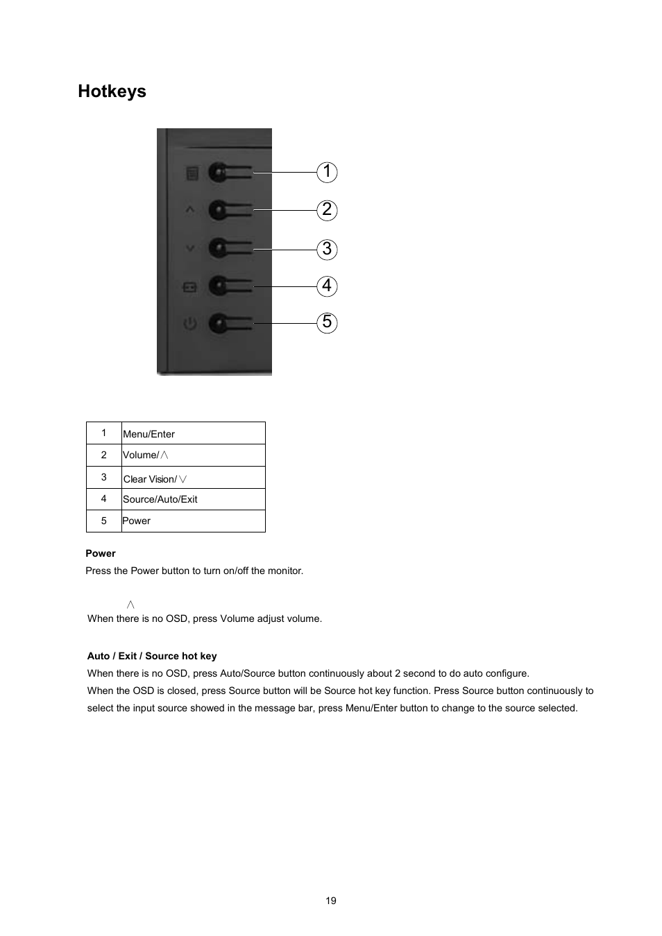 Hotkeys, Keys | AOC I2367FM User Manual | Page 19 / 69