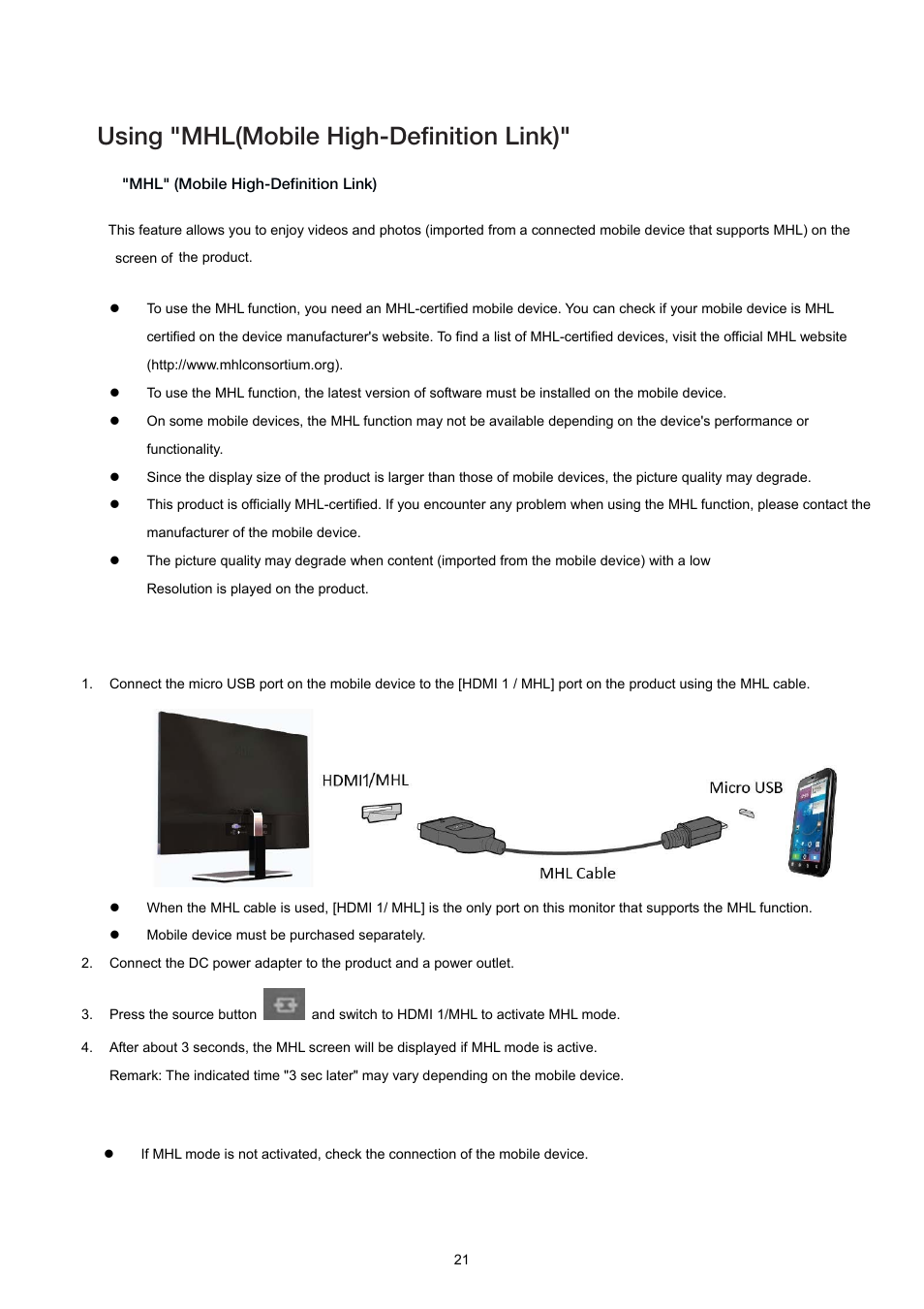 Using "mhl, Using, Mobile high-defintion link) | Using "mhl(mobile high-definition link) | AOC I2367FM User Manual | Page 21 / 69
