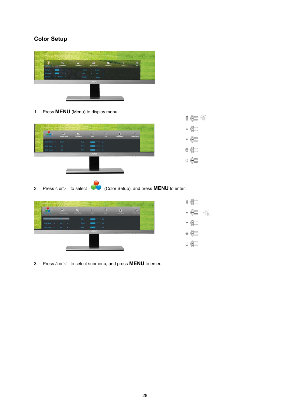 Color setup | AOC I2367FM User Manual | Page 28 / 69