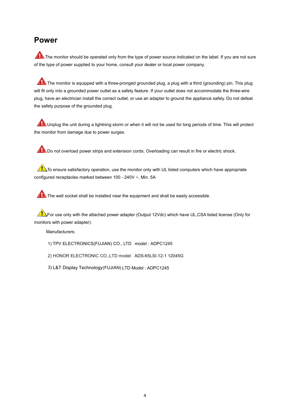 Power | AOC I2367FM User Manual | Page 4 / 69