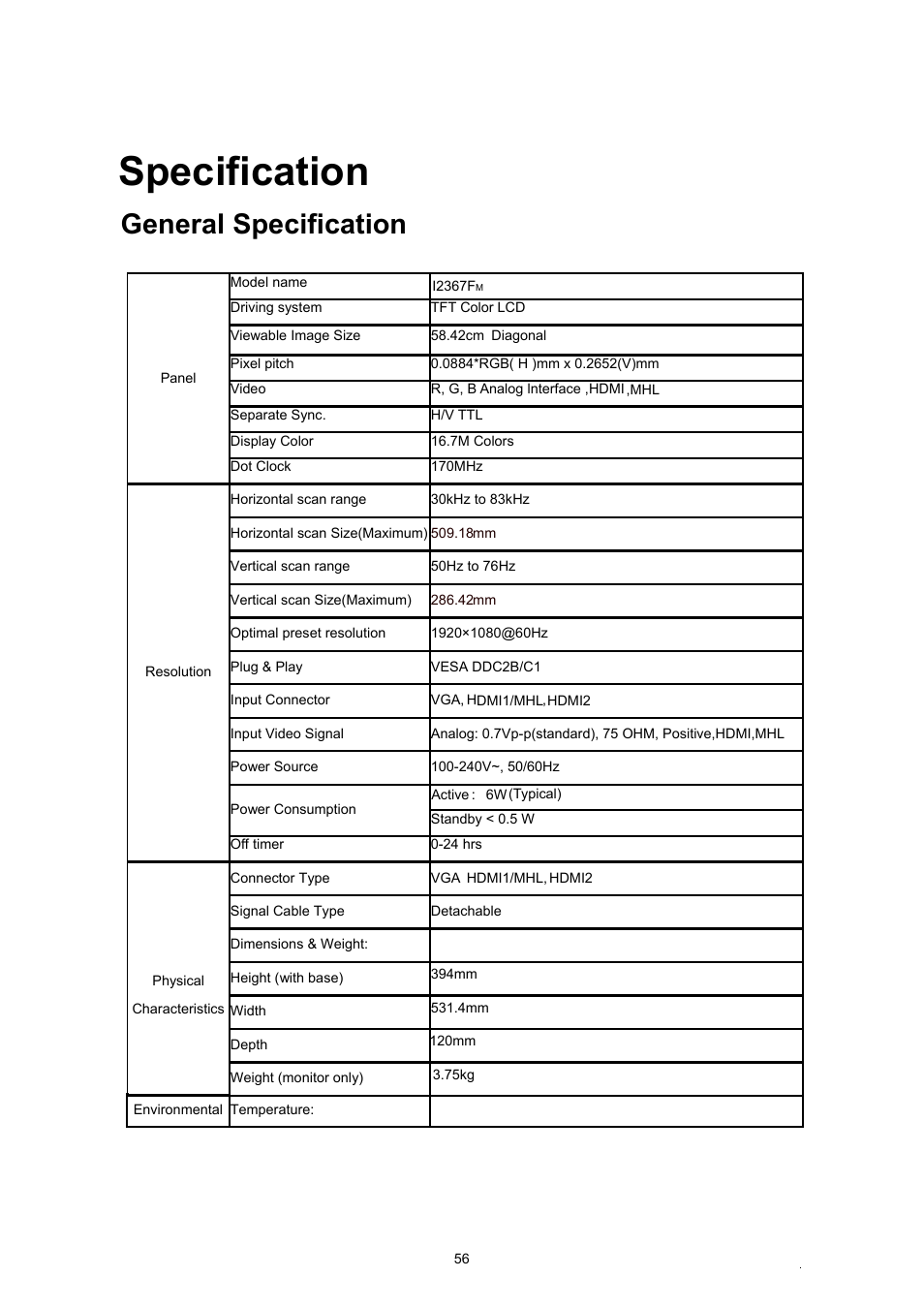 Specification, General specification, Pecification | AOC I2367FM User Manual | Page 56 / 69