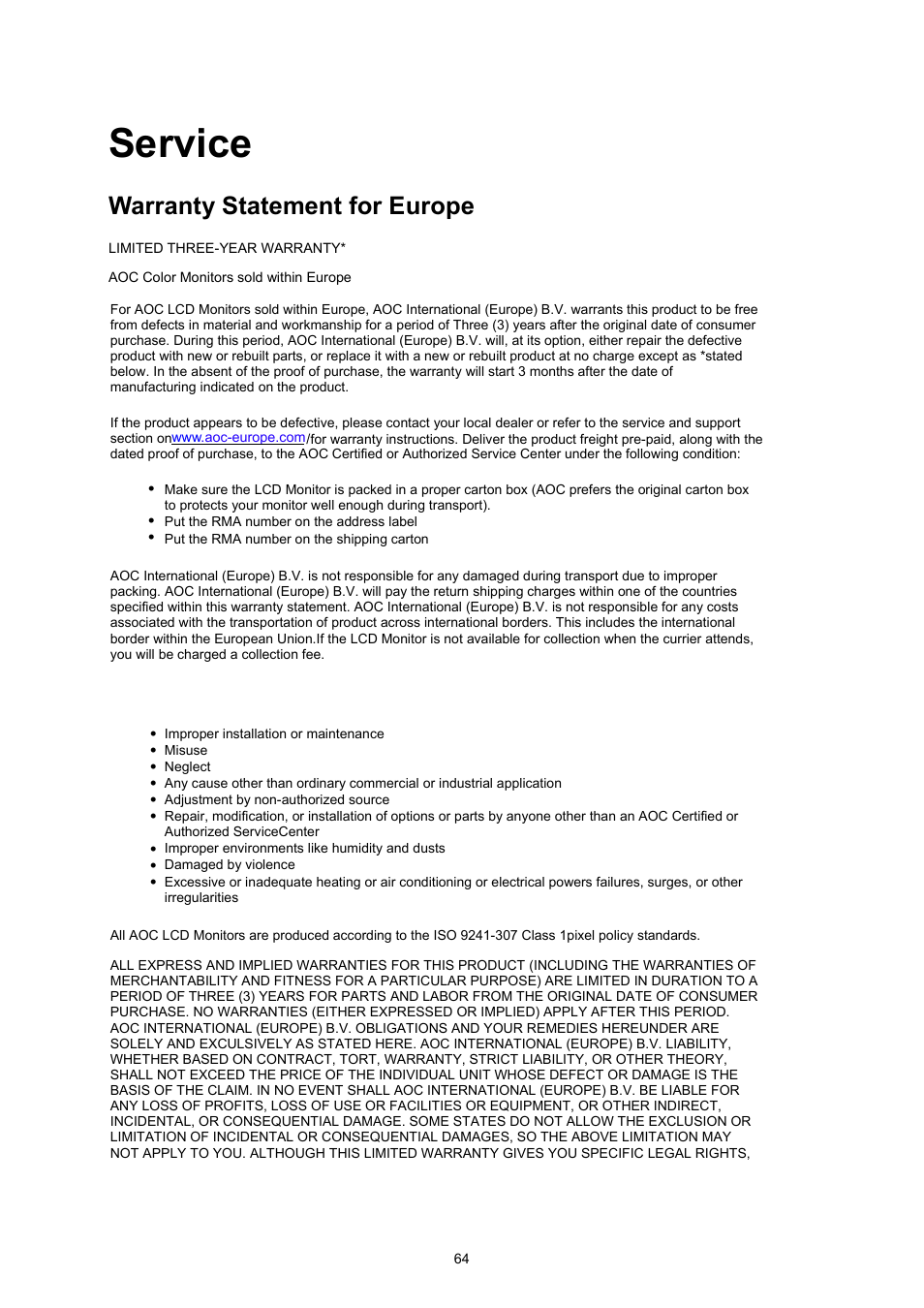 Service, Warranty statement for europe | AOC I2367FM User Manual | Page 64 / 69