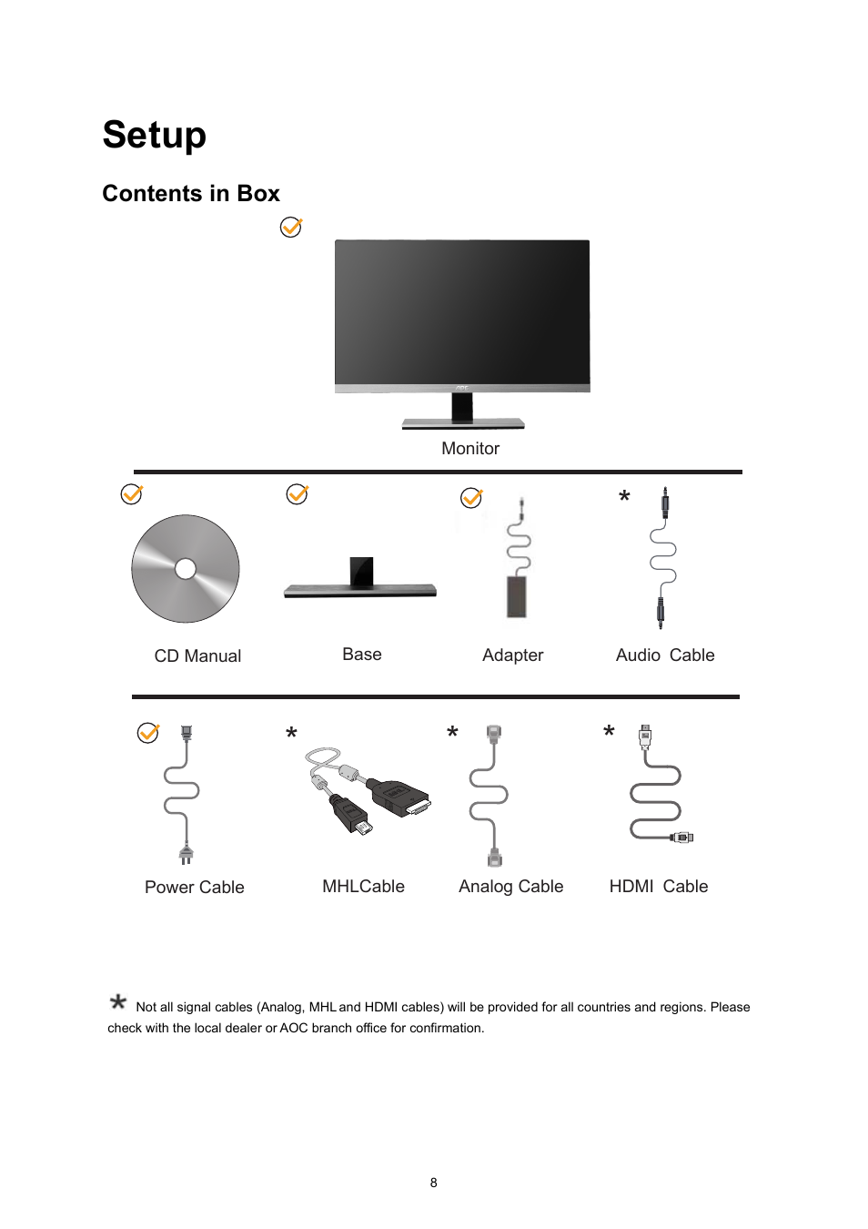 Setup, Contents in box | AOC I2367FM User Manual | Page 8 / 69