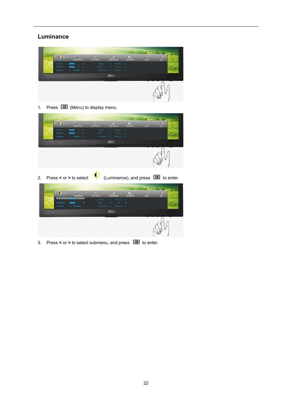 Luminance | AOC E2460PQ User Manual | Page 22 / 66