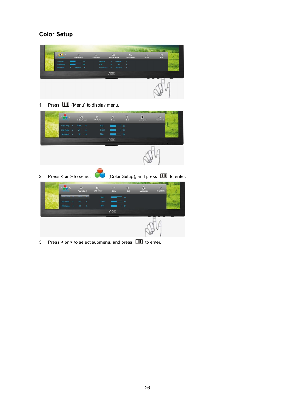 Color setup | AOC E2460PQ User Manual | Page 26 / 66