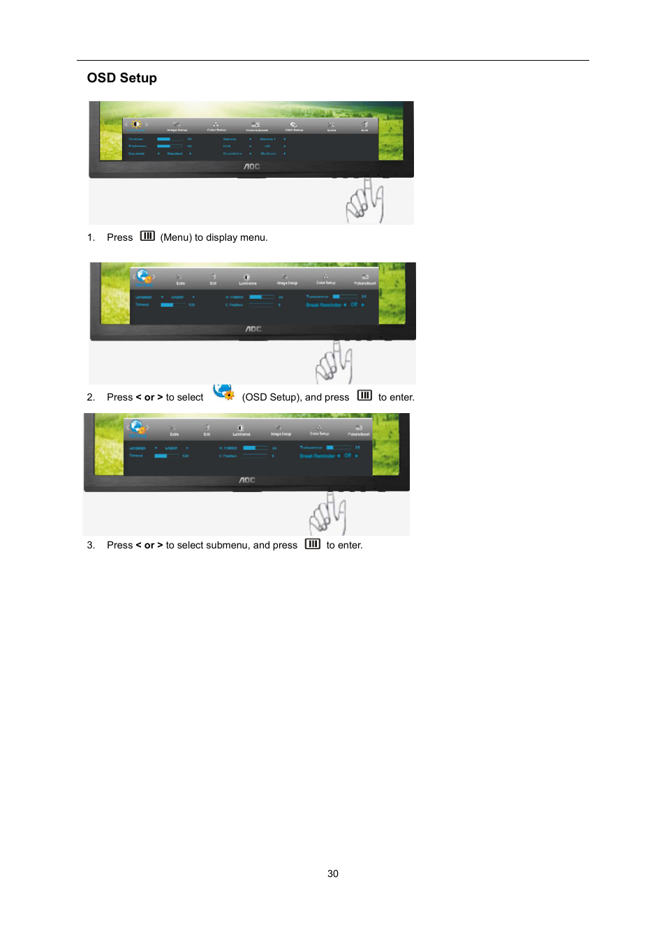 Osd setup | AOC E2460PQ User Manual | Page 30 / 66