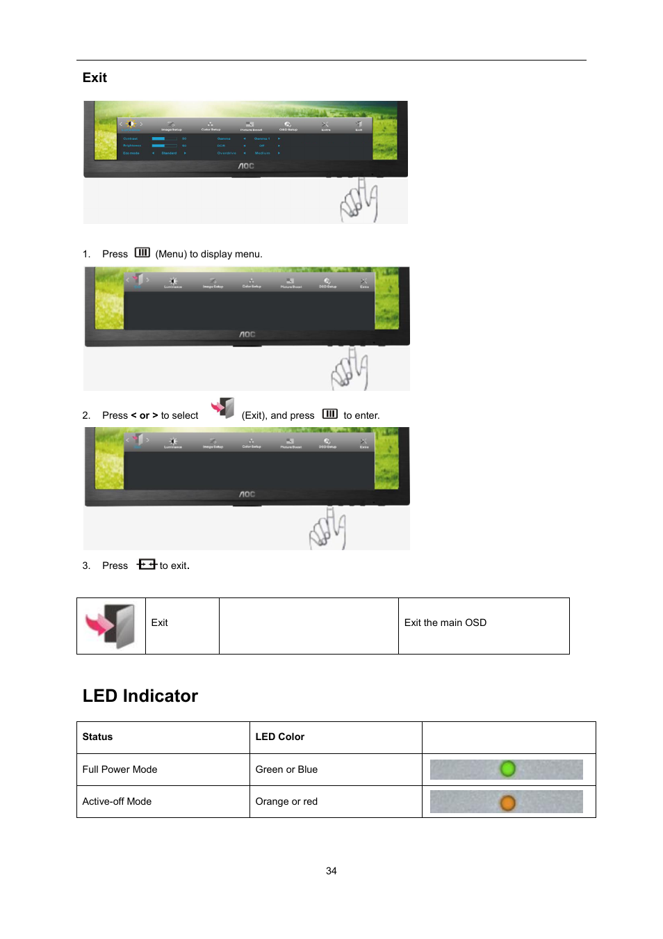 Exit, Led indicator | AOC E2460PQ User Manual | Page 34 / 66