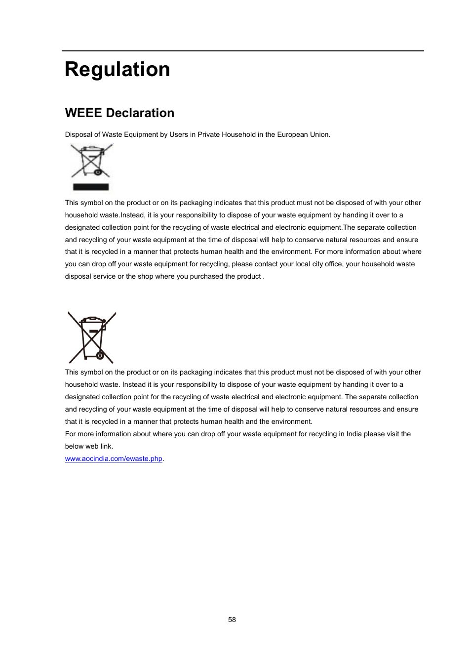 Regulation, Fcc notice, Weee declaration | AOC E2460PQ User Manual | Page 58 / 66