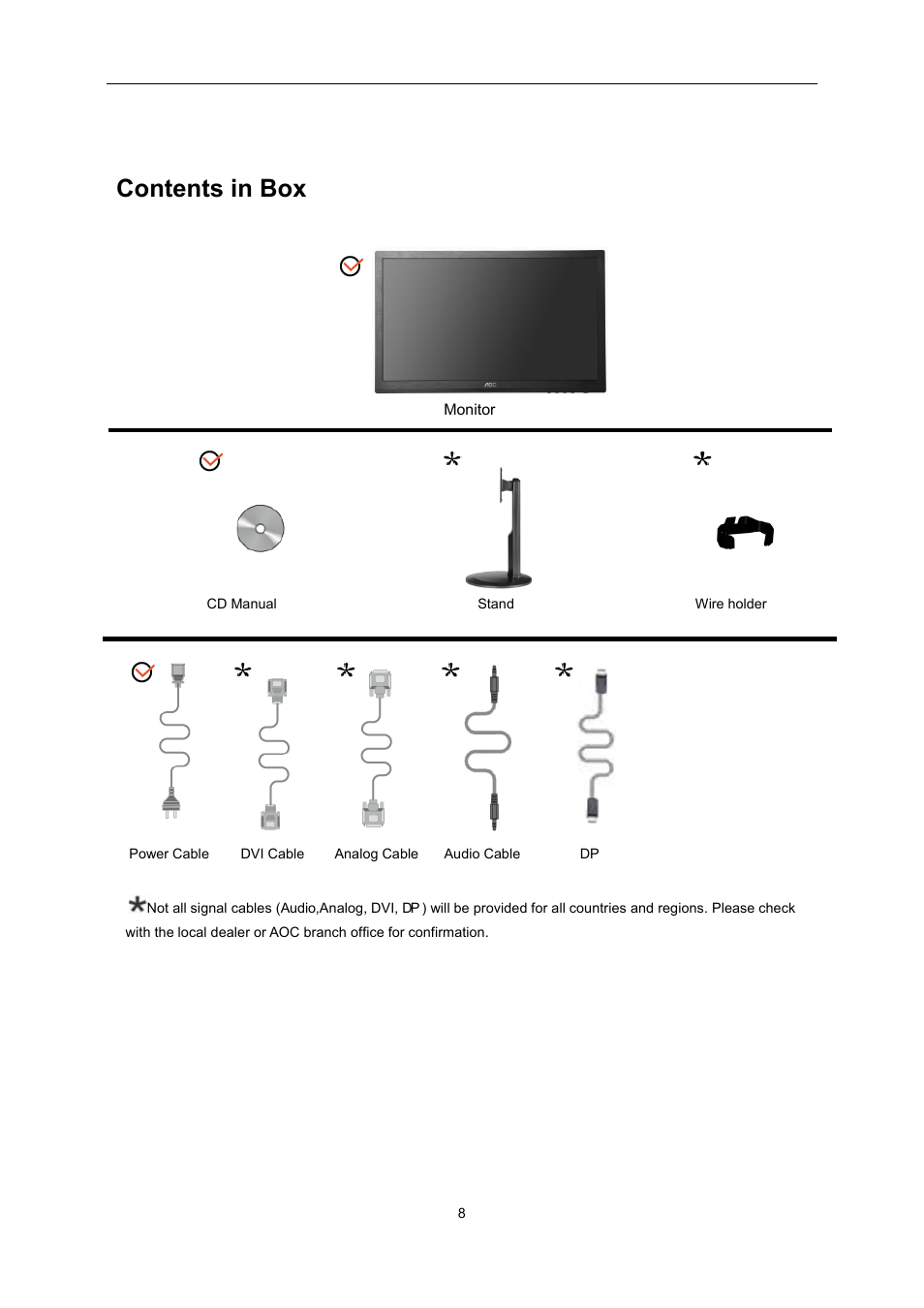 Setup, Contents in box | AOC E2460PQ User Manual | Page 8 / 66