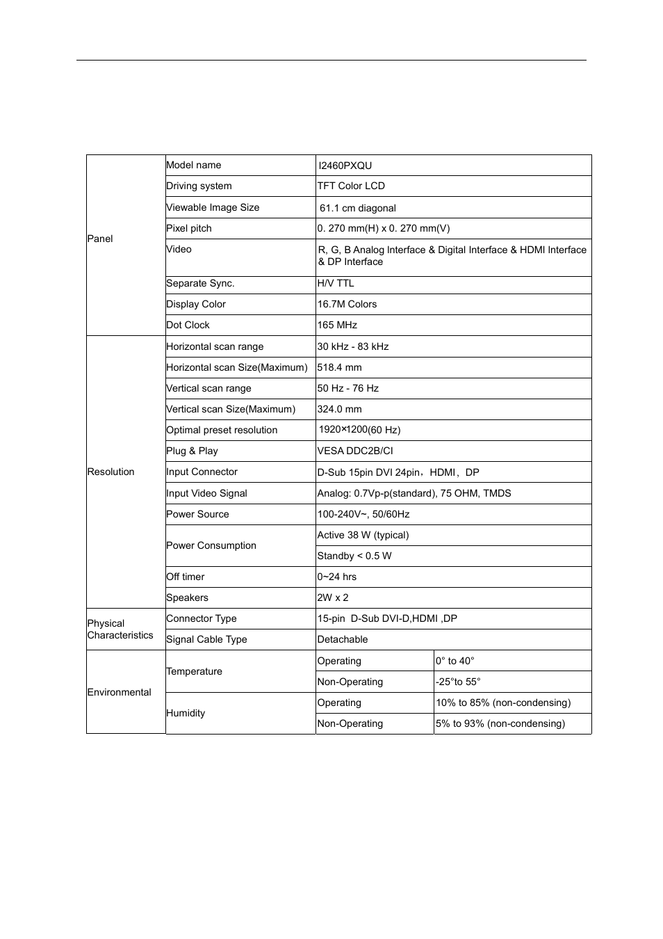 Specification, General specification | AOC I2460PXQU User Manual | Page 53 / 66