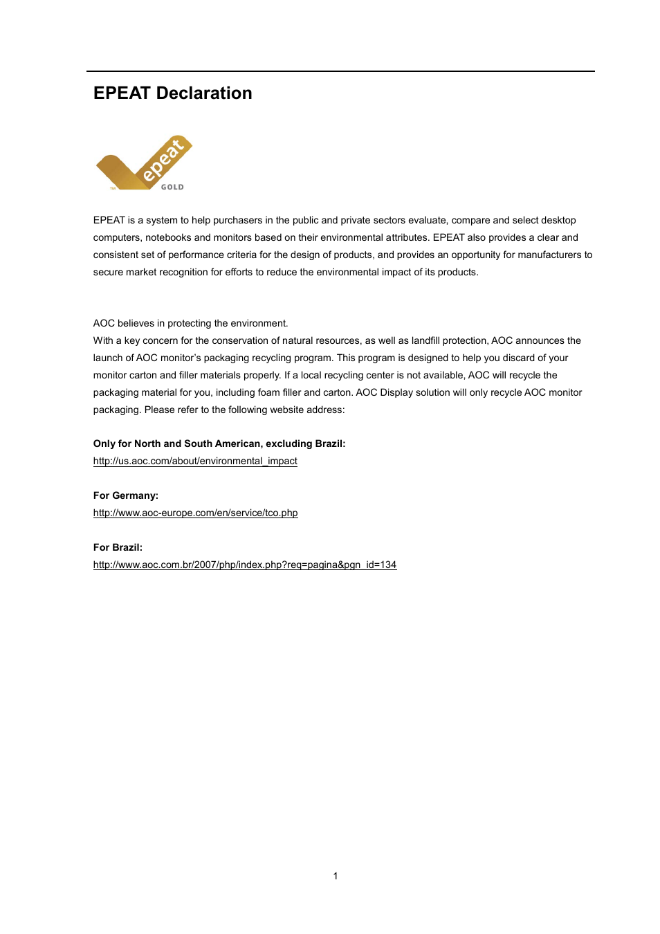 Epeat declaration | AOC I2460PXQU User Manual | Page 61 / 66