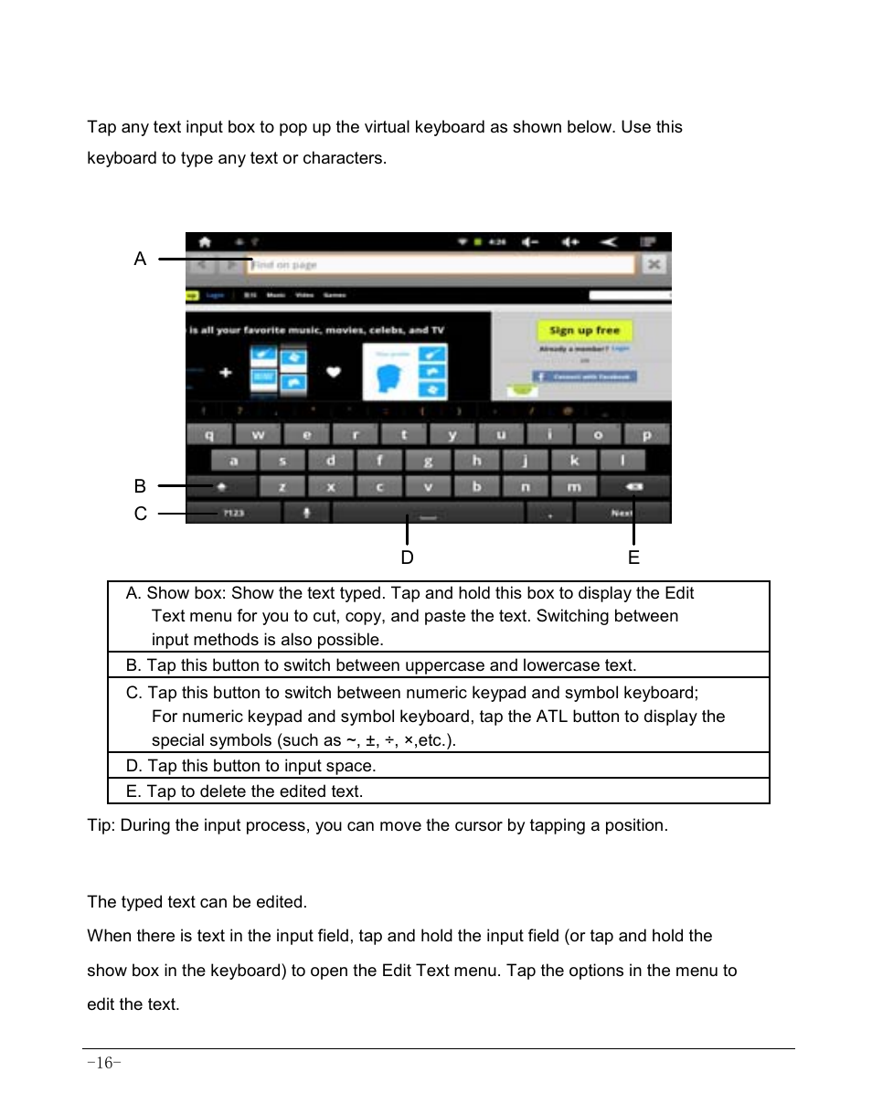 2 using virtual keyboard to type, 1 android keyboard, 2 editing text | AOC MW0812 User Manual | Page 21 / 72
