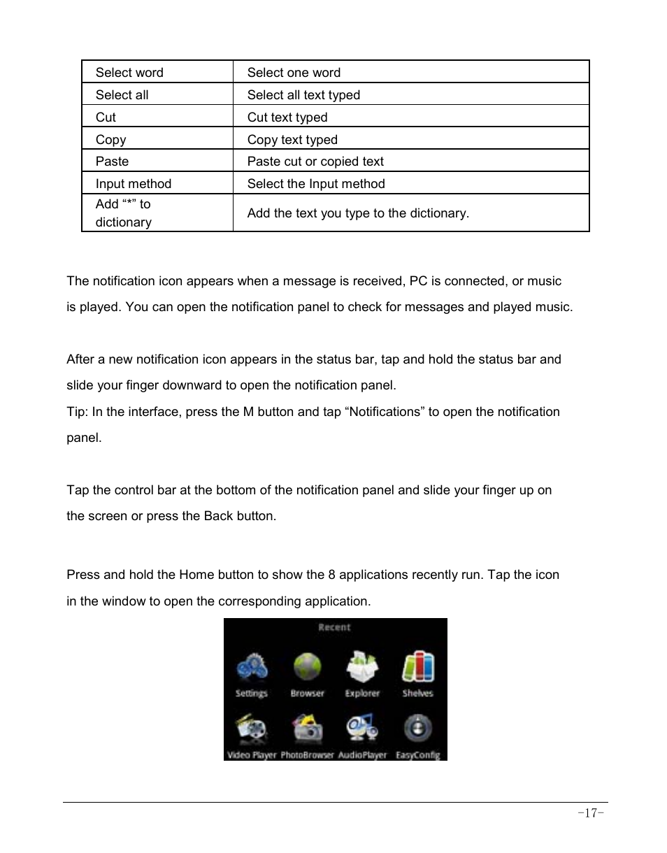 3 notification panel, 1 opening notification panel, 2 closing notification panel | 4 recently run applications | AOC MW0812 User Manual | Page 22 / 72