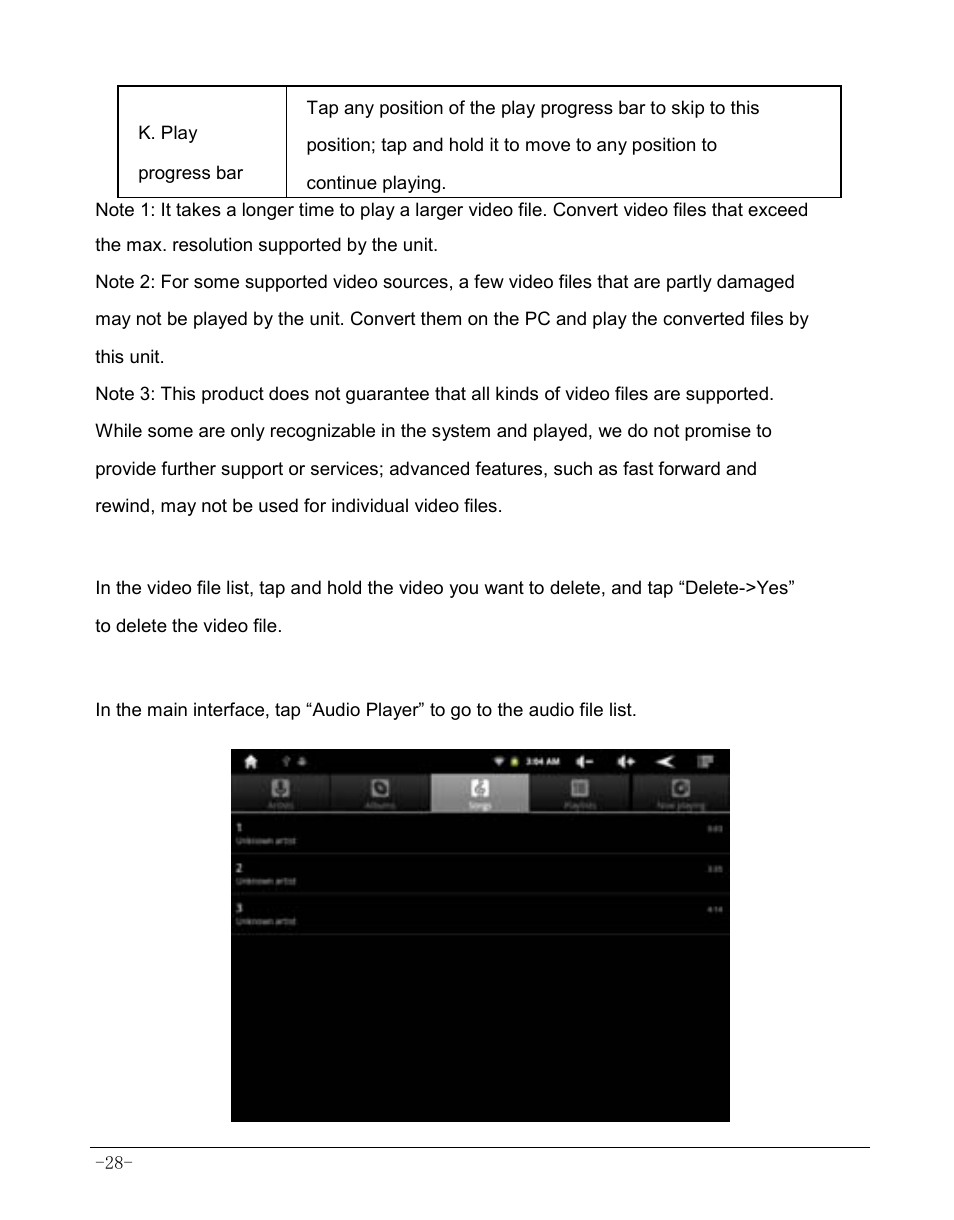 2 delete video, 5 audio player | AOC MW0812 User Manual | Page 33 / 72