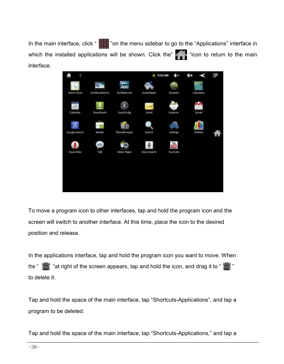 Chapter 7 applications, 1 moving a program icon of the interface, 2 deleting a program icon | 3 restoring a program icon, 4 adding a program icon | AOC MW0812 User Manual | Page 41 / 72