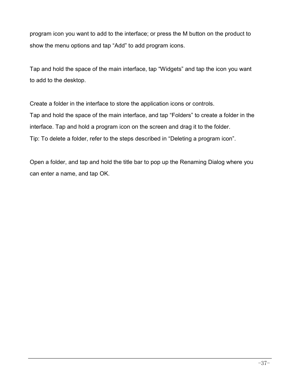 5 adding a widget, 6 creating a folder, 7 renaming a folder | AOC MW0812 User Manual | Page 42 / 72