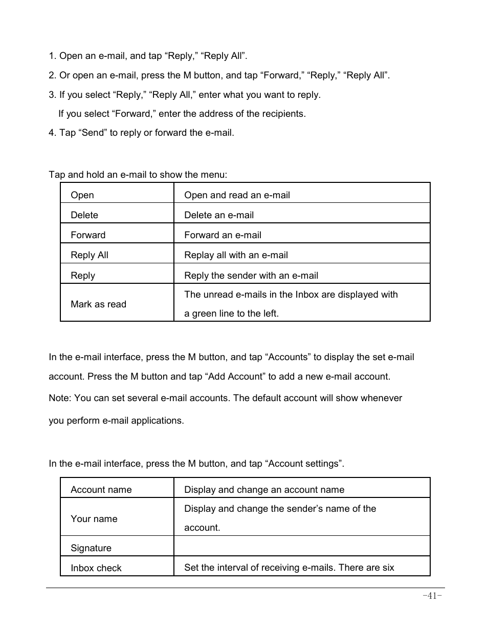 5 managing e-mail, 6 create new account, 7 account settings | AOC MW0812 User Manual | Page 46 / 72