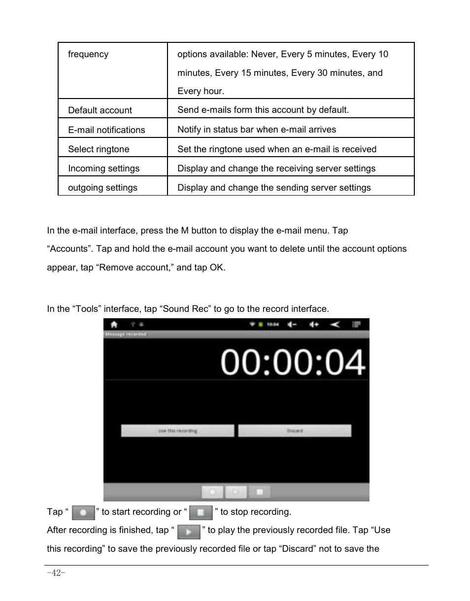 8 delete e-mail account, 2 recorder | AOC MW0812 User Manual | Page 47 / 72