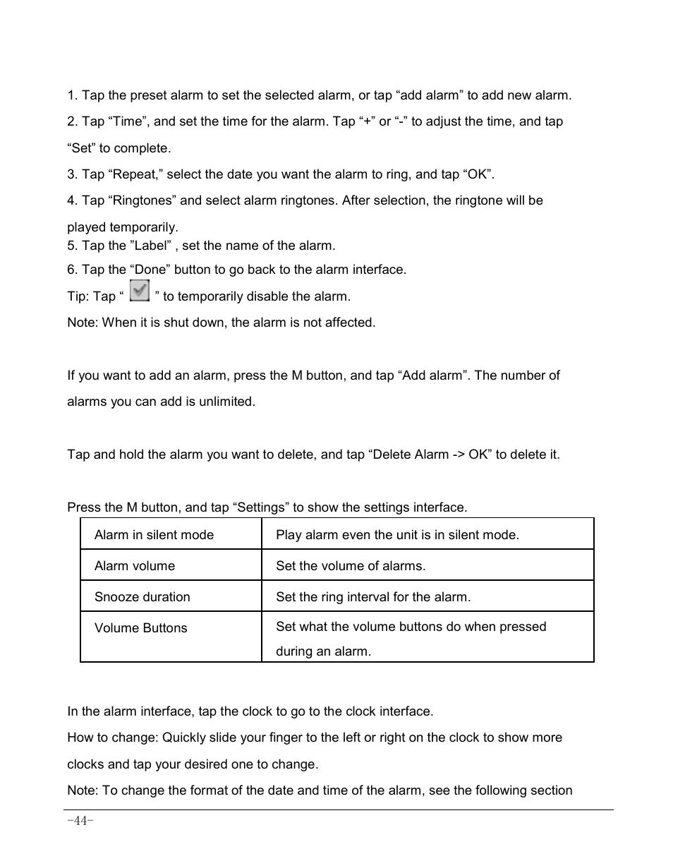 1 set alarm, 2 add alarm, 3 delete alarm | 4 alarm settings, 5 changing alarm display | AOC MW0812 User Manual | Page 49 / 72