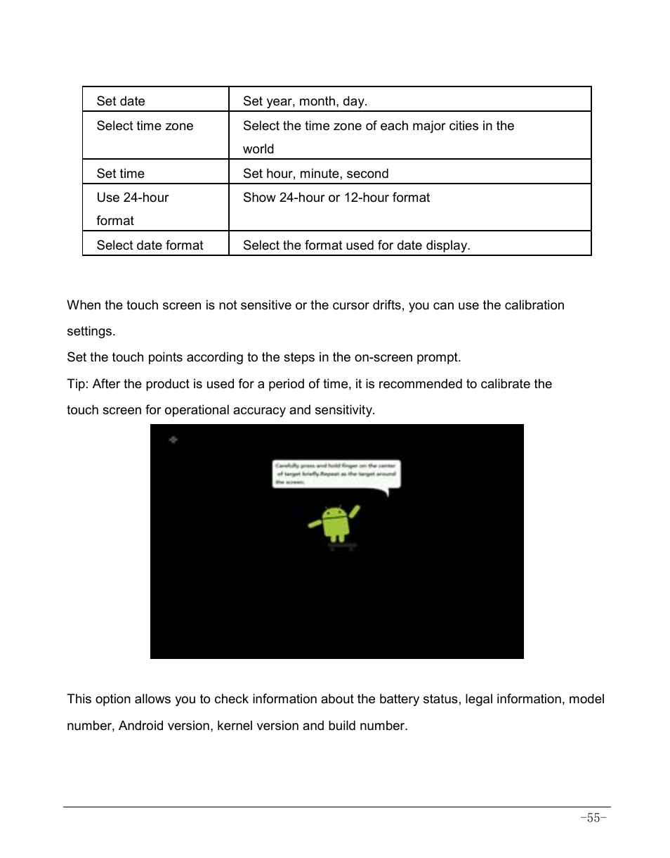 12 date & time, 13 touch screen calibration, 14 about device | AOC MW0812 User Manual | Page 60 / 72