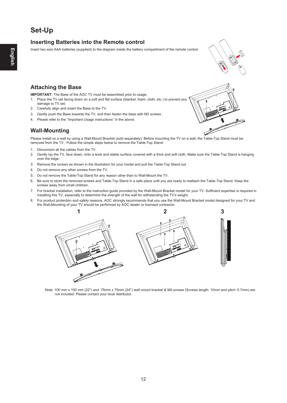 Set-up, Inserting batteries into the remote control, Attaching the base | Wall-mounting | AOC LE24H138 Manual User Manual | Page 12 / 32