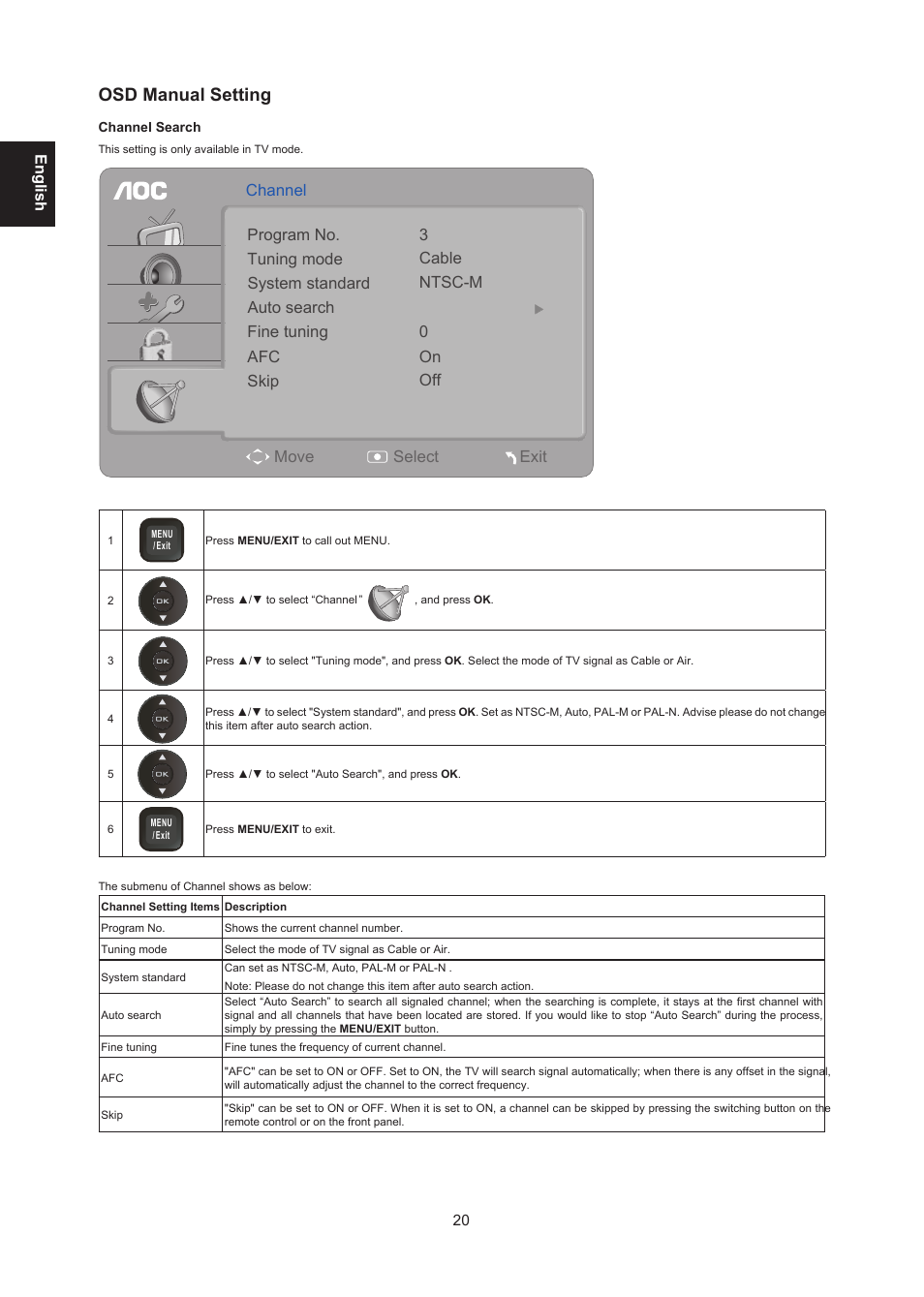 Osd manual setting | AOC LE24H138 Manual User Manual | Page 20 / 32